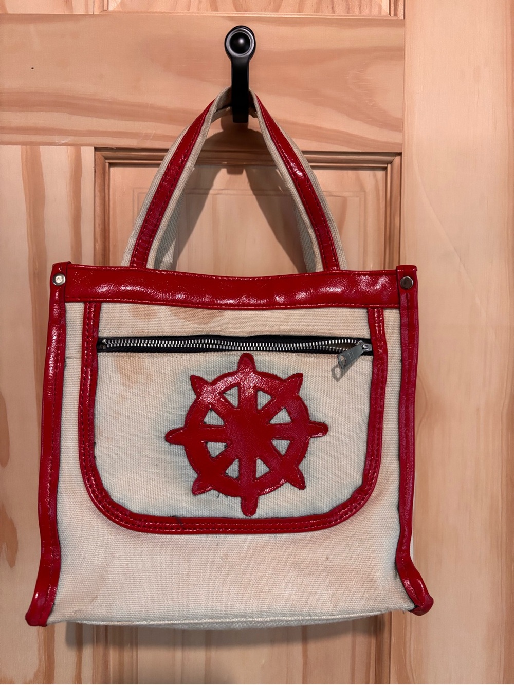 Vintage Canvas Tote Bag with Red Trim and Nautical Wheel Accent